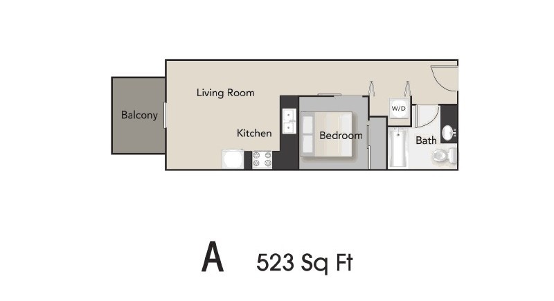 Floor plan for 1 bed, 1 bath, 523 sqft